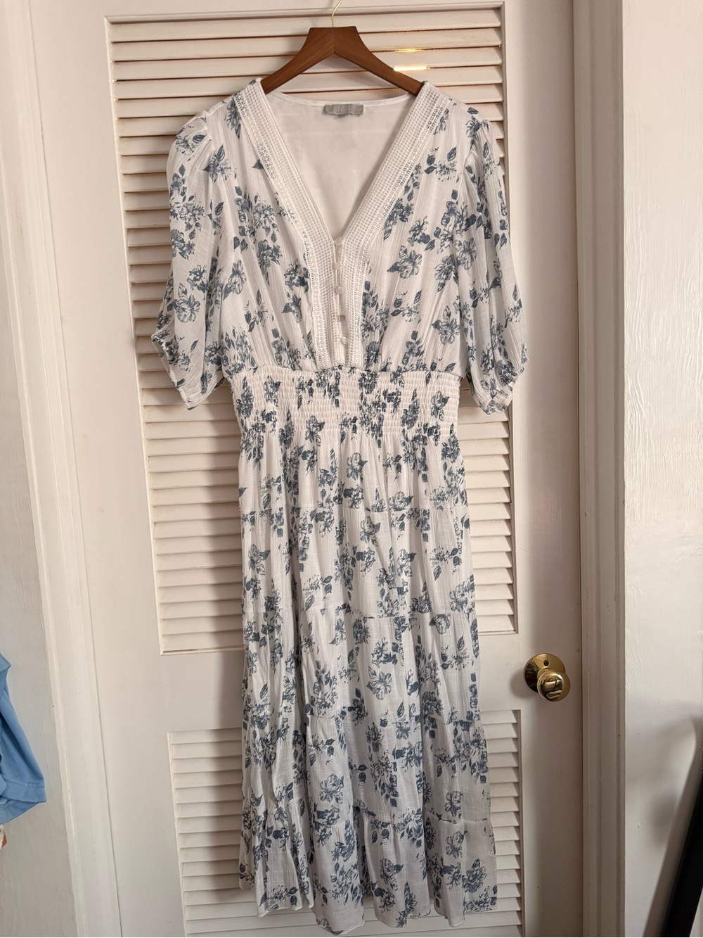 Floral White Midi Dress with Blue Print and Smocked Waist